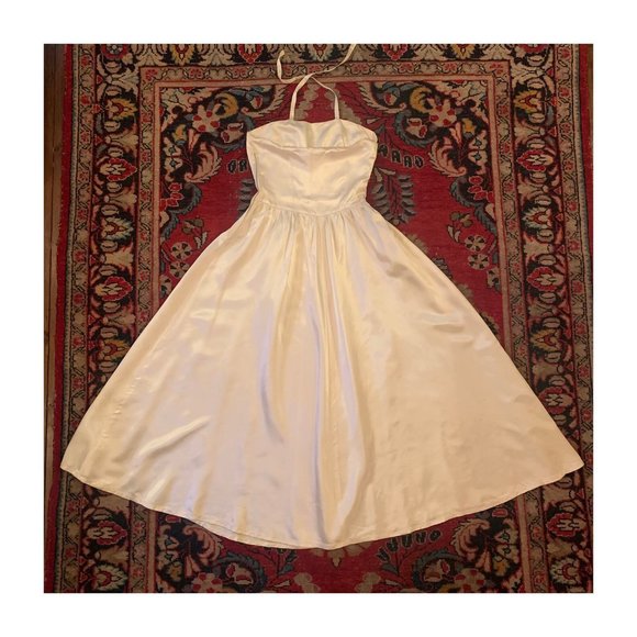 Silk 1940s Vintage Satin Ivory XS Small Halterneck Low-Back Fit Flare Maxi Dress - Picture 5 of 10